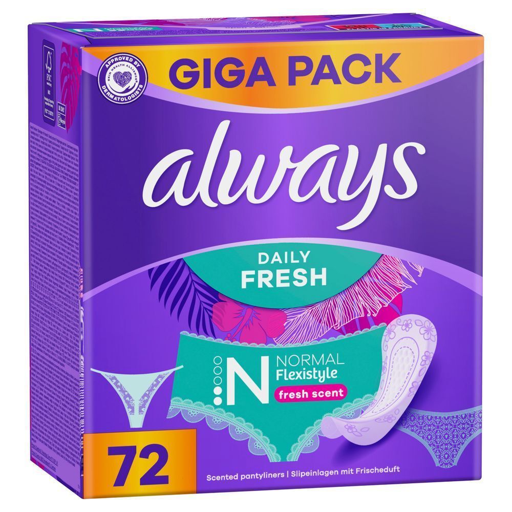Always Daily Fresh Slipeinlagen Giga Pack mit 72 Stück, mit Frischeduft und Normal Flexistyle.;