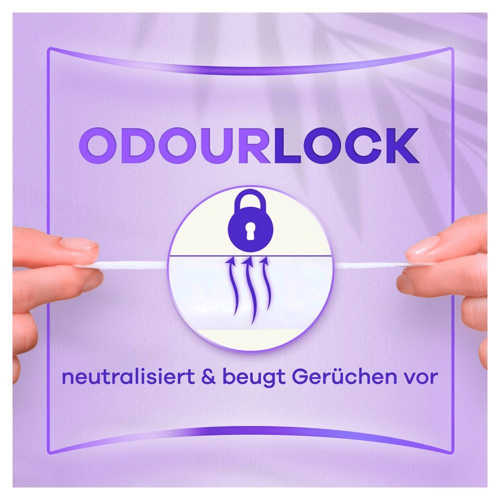 Always Slipeinlage mit OdourLock-Technologie, die Gerüche neutralisiert und verhindert, dargestellt durch ein Schloss-Symbol und Pfeile.