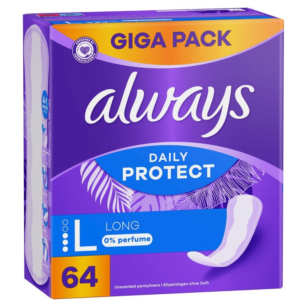 Always Daily Protect Slipeinlagen, Long, Giga Pack mit 64 Stück, 0% Parfüm [HR] Always Daily Protect dugi dnevni ulošci, GIGA PAKIRANJE sa 64 komada i 0% parfema. [CS] Always Daily Protect slipové vložky, balení Giga Pack, dlouhé, s 0% parfemace a dermatologicky testované. [HU] Always Daily Protect tisztasági betét, Giga Pack kiszerelés, a csomagoláson a 0% parfüm felirat látható.