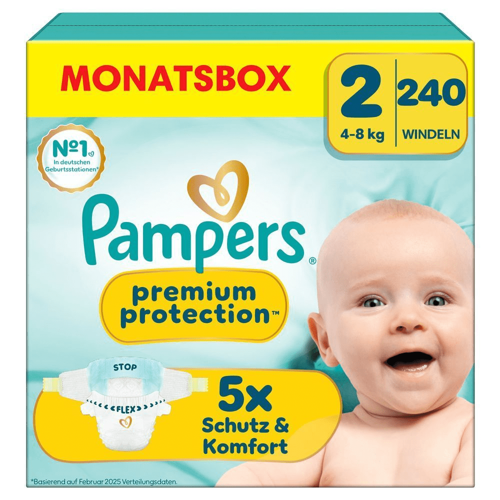 Pampers Premium Protection Monatspackung Größe 2, 240 Windeln, mit dem Hinweis "5x Schutz & Komfort".
