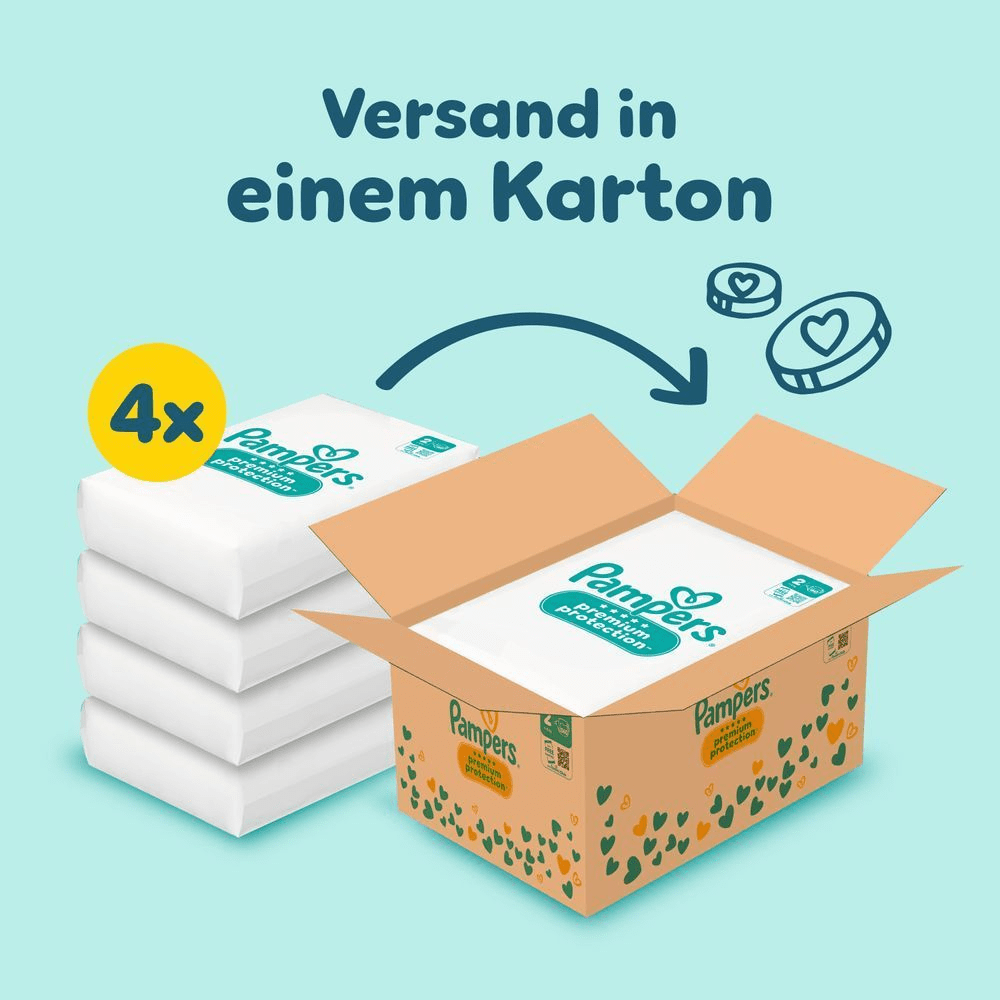 Das Bild zeigt, dass 4 Pampers Premium Protection Größe 2 in einer Monatsbox inkludiert sind und in einem Karton versendet werden.