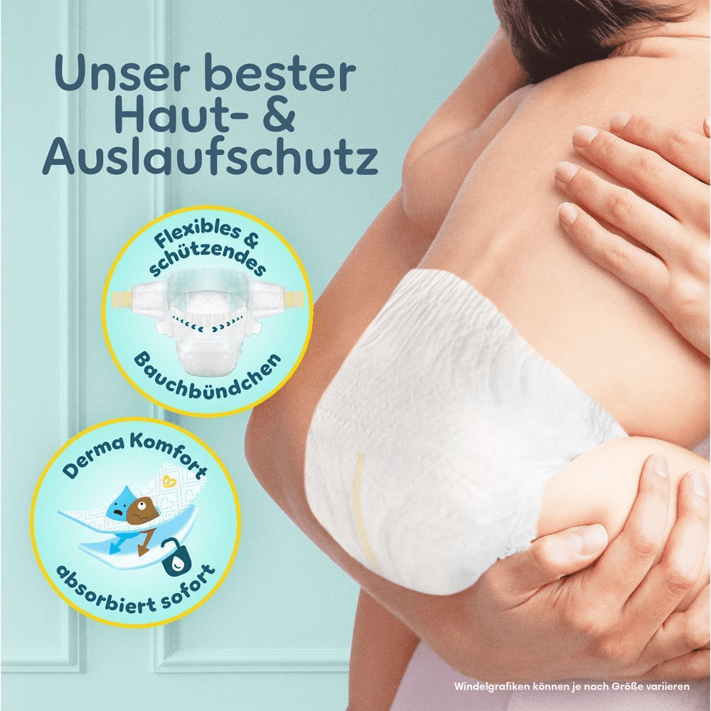 Baby wird im Arm gehalten und trägt eine Pampers Premium Protection Windel für unseren besten Haut- & Auslaufschutz.