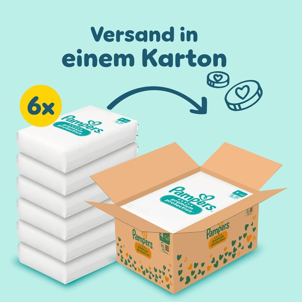 Das Bild zeigt, dass 6 Pampers Premium Protection Größe 4 in einer Monatsbox inkludiert sind und in einem Karton versendet werden.