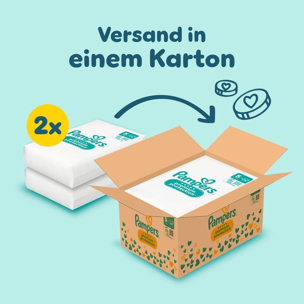 Das Bild zeigt, dass 2 Pampers Premium Protection Größe 5 in einer Monatsbox inkludiert sind und in einem Karton versendet werden.