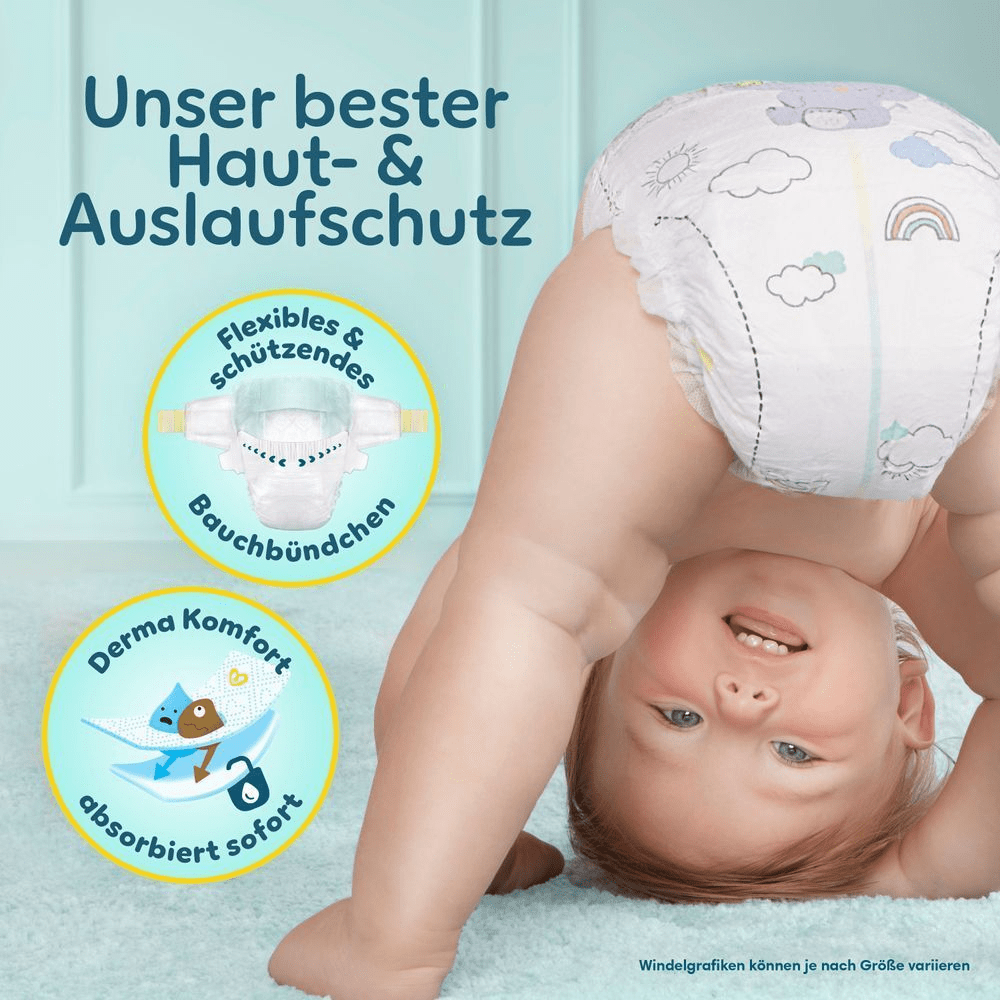 Baby macht einen Handstand und trägt eine Pampers Premium Protection Windel für unseren besten Haut- & Auslaufschutz.