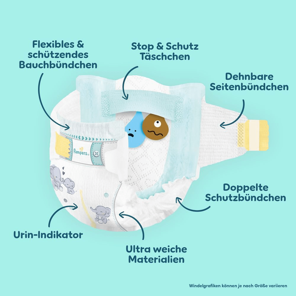 Pampers Premium Protection Windel Abbildung, hervorgehoben werde die einzelnen Produktvorteile der Windel.