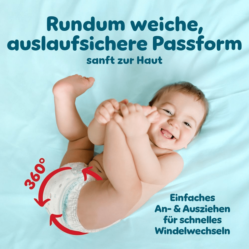 Pampers Windel, die mit einer 360°-Passform für Rundum-Auslaufschutz und einfaches An- und Ausziehen wirbt.