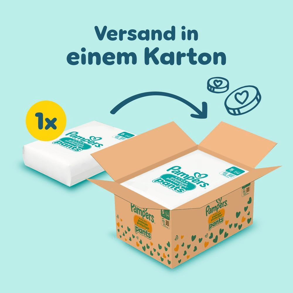 Das Bild zeigt, dass 1 Pampers Premium Protection Pants Größe 5 in einer Monatsbox inkludiert sind und in einem Karton versendet werden.