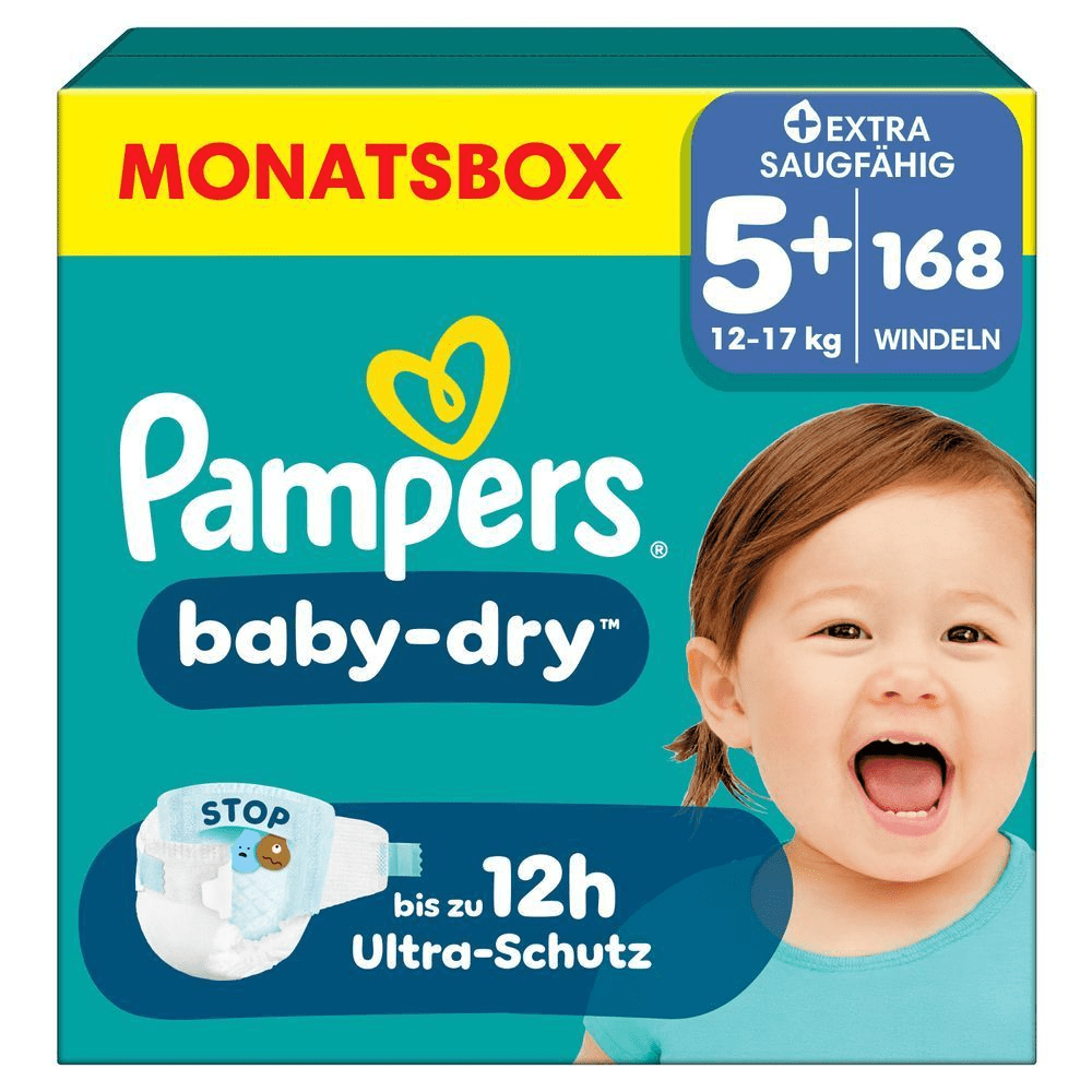 Pampers Baby-Dry Monatsbox, Größe 5+, 168 Windeln und bis zu 12 Stunden Ultra-Schutz. [IT] Pampers Baby-Dry taglia 5+, confezione mensile da 168 pannolini, con protezione fino a 12 ore.;