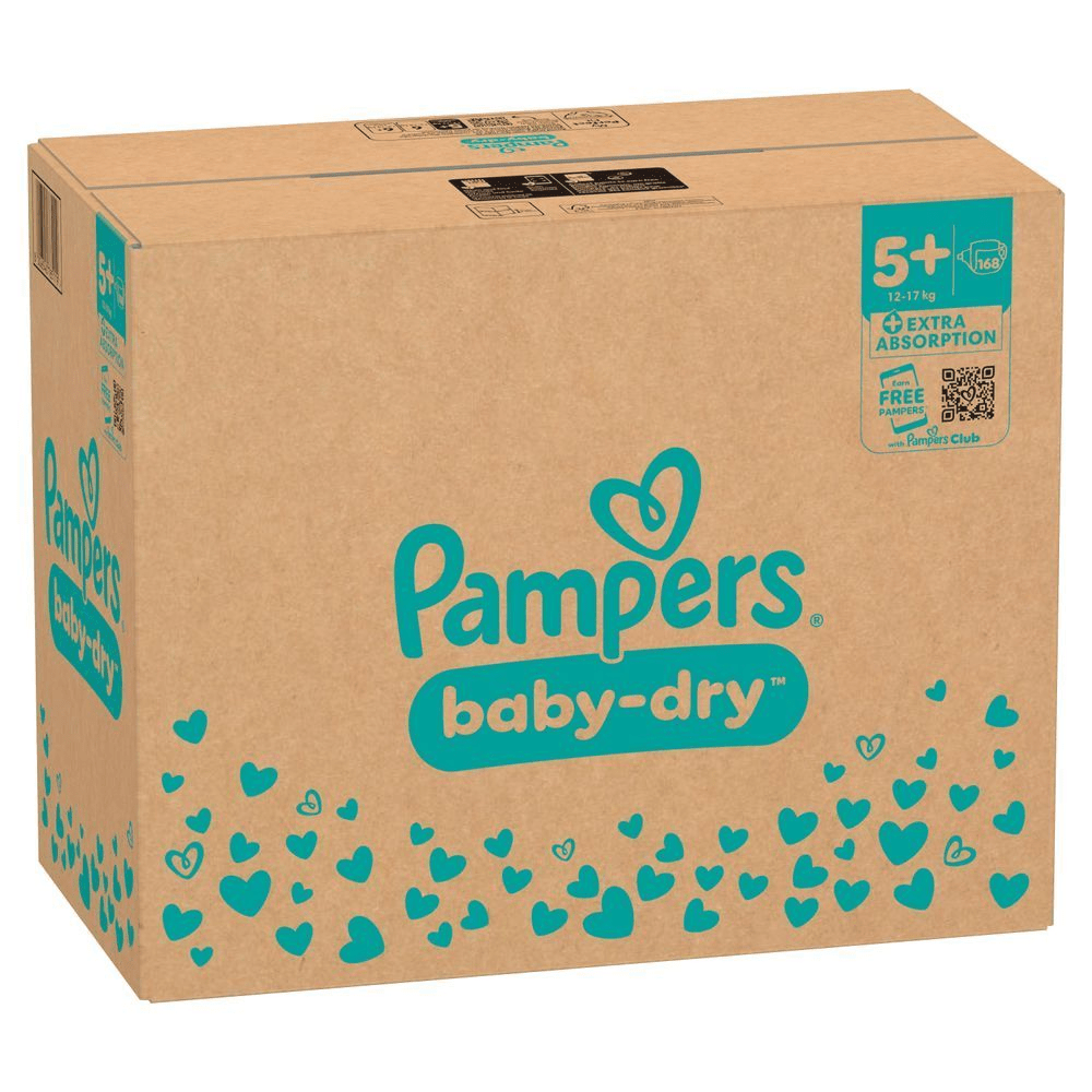 Pampers Baby-Dry Windeln im Karton, Größe 5+ (12-17kg), mit dem Hinweis auf extra Absorption. [IT] Pampers Baby-Dry taglia 5+, confezione con 168 pannolini, indicata per bambini da 12-17 kg e con extra assorbenza.;