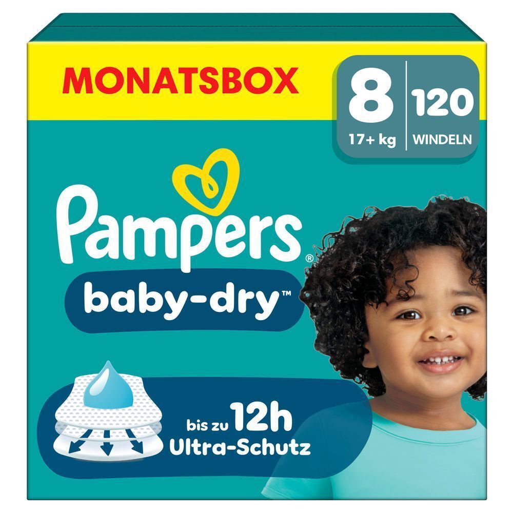 Pampers Baby-Dry Monatsbox Größe 8, 120 Windeln, mit dem Aufdruck "bis zu 12h Ultra-Schutz". [IT] Pampers baby-dry nella confezione "Monatsbox", taglia 8, con la promessa di protezione fino a 12 ore.;