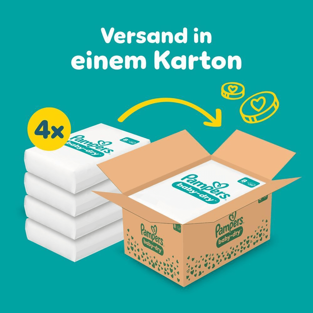 Das Bild zeigt, dass 4 Pampers Baby-Dry Größe 8 in einer Monatsbox inkludiert sind und in einem Karton versendet werden.
