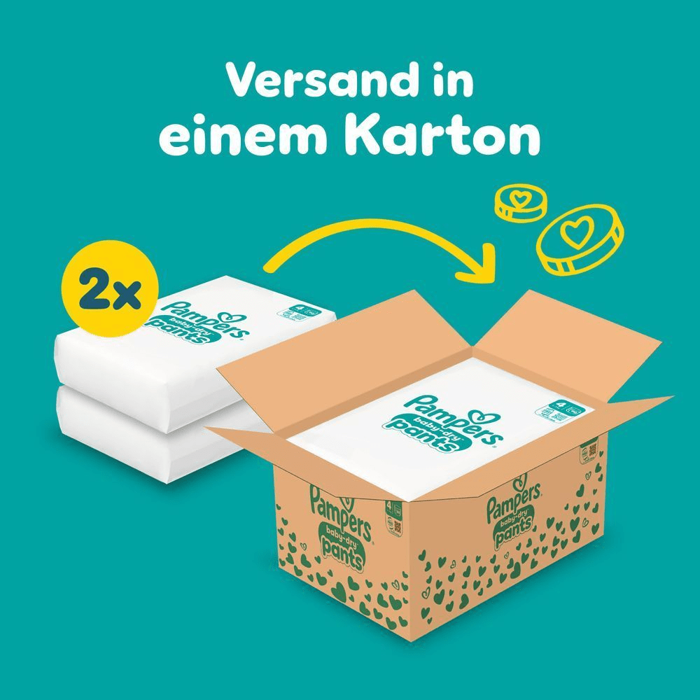 Das Bild zeigt, dass 2 Pampers Baby-Dry Pants Größe 4 in einer Monatsbox inkludiert sind und in einem Karton versendet werden.