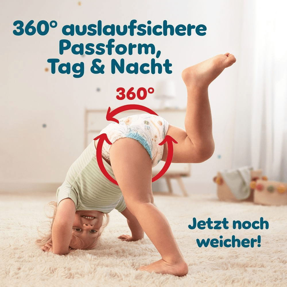 Pampers Windel, die Auslaufen am Rücken verhindert, sofort absorbiert und Auslaufen rund um die Beinchen verhindert für bis zu 12 Stunden Auslaufschutz.