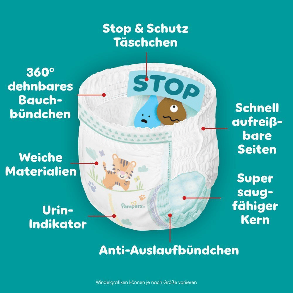 Pampers Windel mit hervorgehobenem "Stop & Schutz Täschchen", 360° dehnbares Bauchbündchen, schnell aufreißbare Seiten und super saugfähiger Kern.