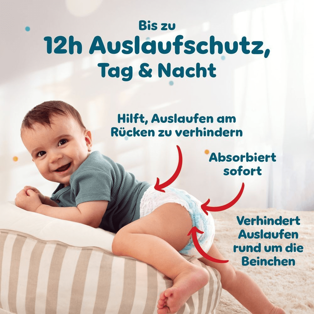 Pampers Windel, die Auslaufen am Rücken verhindert, sofort absorbiert und Auslaufen rund um die Beinchen verhindert für bis zu 12 Stunden Auslaufschutz.