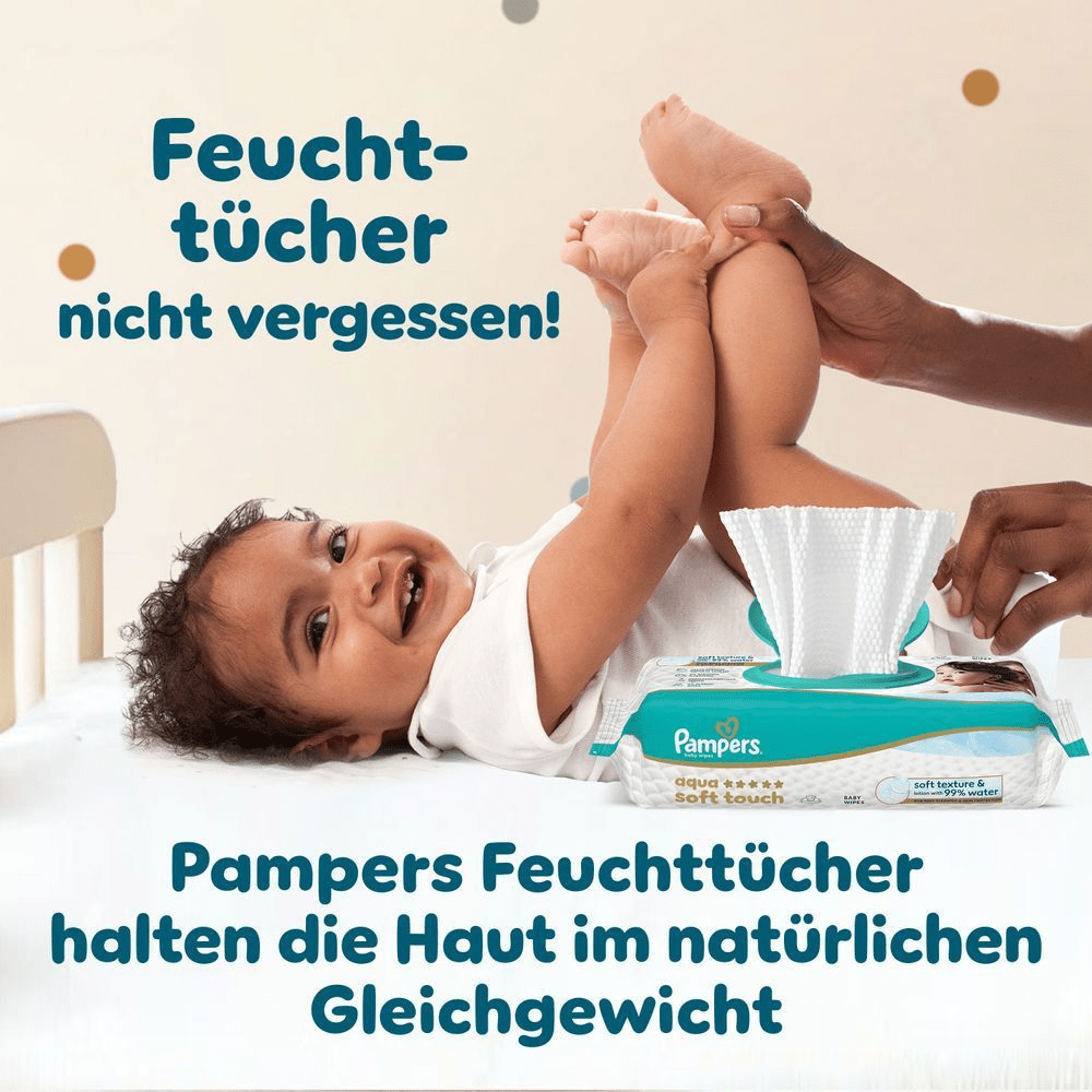 Pampers Aqua Soft Touch Feuchttücher, welche die Haut im natürlichen Gleichgewicht halten.