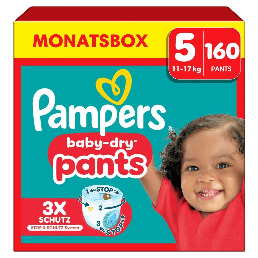 Pampers Baby-Dry Pants Monatsbox, Größe 5, mit 160 Pants, 11-17 kg, hervorgehoben wird der Produktvorteil: 3x Schutz dank Stop & Schutz System. [IT] Pampers baby-dry pants, confezione da 160 pannolini taglia 5 (11-17 kg), con sistema Stop & Schutz per una protezione 3 volte superiore.;