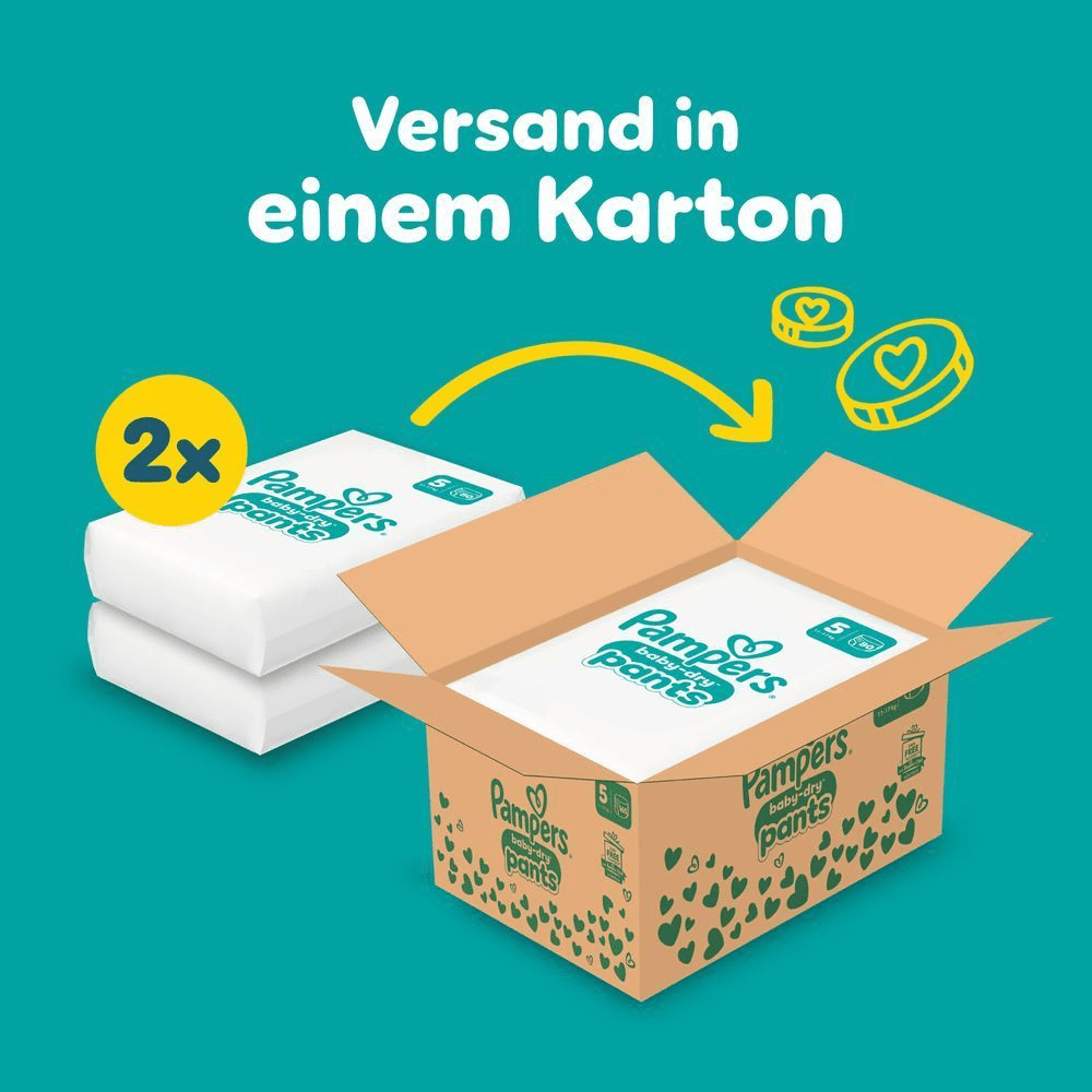 Das Bild zeigt, dass 2 Pampers Baby-Dry Pants Größe 5 in einer Monatsbox inkludiert sind und in einem Karton versendet werden.