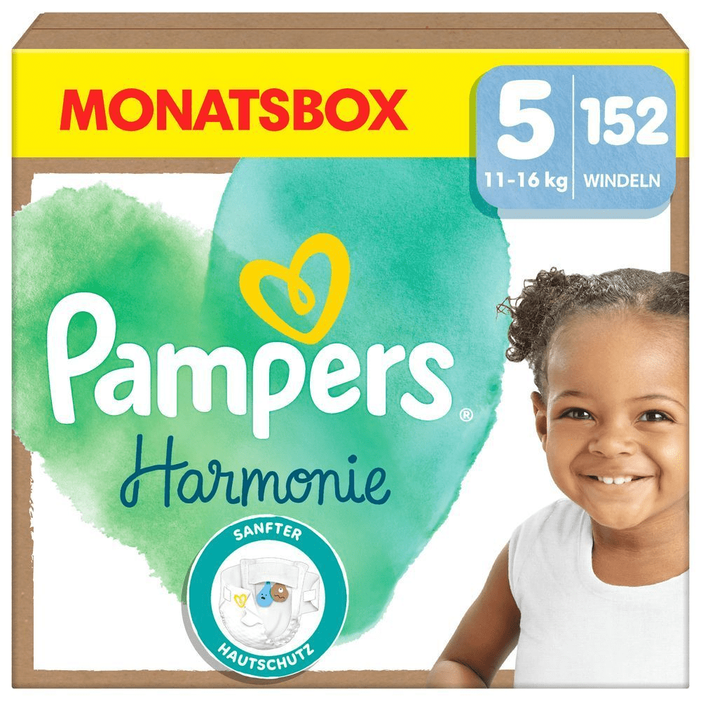 Pampers Harmonie Monatsbox, Größe 5, mit 151 Windeln, 11-16kg, hervorgehoben wird der Produktvorteil: sanfter Hautschutz.