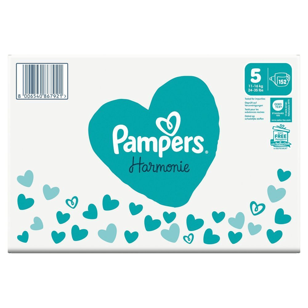 Pampers Harmonie Windeln, Größe 5, mit dem Hinweis "Geprüft auf Verunreinigungen" auf der Verpackung. [EN] Pampers Harmonie size 5 nappies, 152 count, tested for impurities and substances nocives. [IT] Pampers Harmonie taglia 5, confezione da 152 pannolini, testati per impurità e sostanze nocive. [HR] Pampers Harmonie pelene, veličina 5, pakiranje s oznakom "earn FREE Pampers with Pampers Club". [CS] Pampers Harmonie, velikost 5, balení s 152 kusy, s označením testováno na přítomnost škodlivých látek. [HU] Pampers Harmonie pelenka csomagolása, 5-ös méret, 11-16 kg, kiemelve a "Tested for impurities" (tisztaságra tesztelve) feliratot. [SK] Pampers Harmonie plienky, veľkosť 5, 152 kusov, s označením testované na nečistoty a možnosťou získať Pampers zadarmo s Pampers Club. [SL] Pampers Harmonie plenice, velikost 5, pakiranje s 152 plenicami, testirane na nečistoče.;
