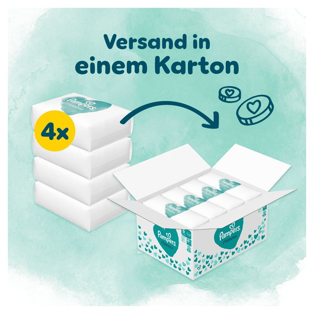 Das Bild zeigt, dass 4 Pampers Harmonie Größe 5 in einer Monatsbox inkludiert sind und in einem Karton versendet werden.