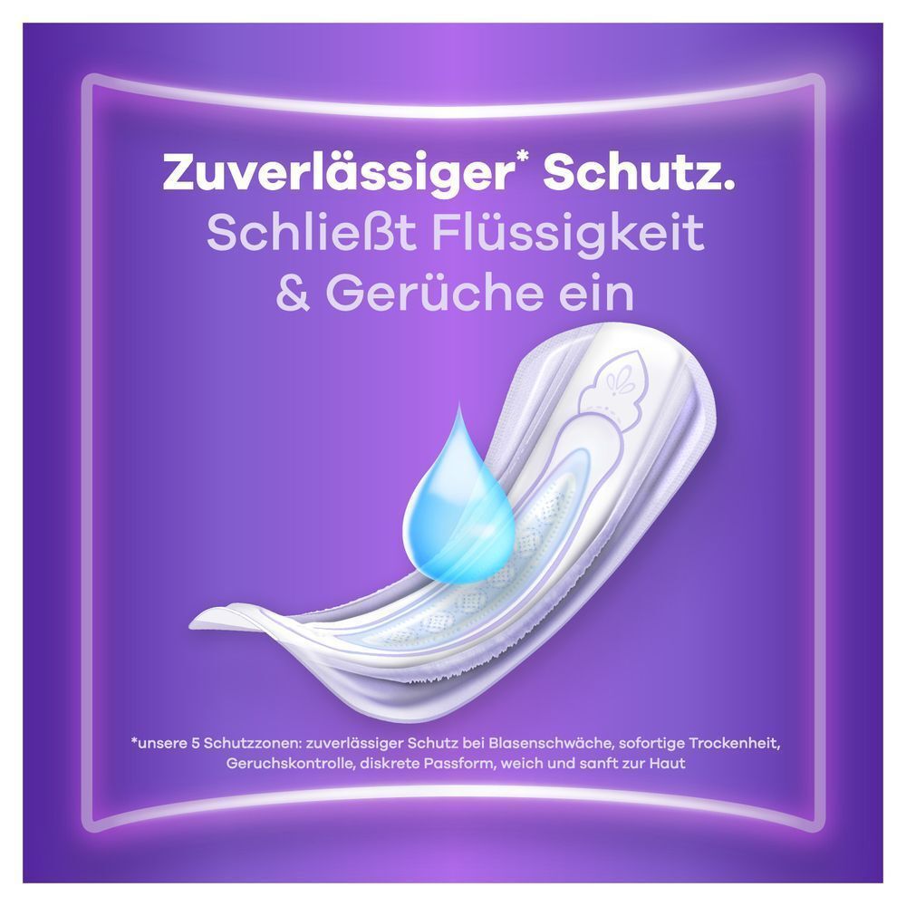 Always Einlage mit Wassertropfen, die "Zuverlässiger Schutz. Schließt Flüssigkeit & Gerüche ein" demonstriert.
