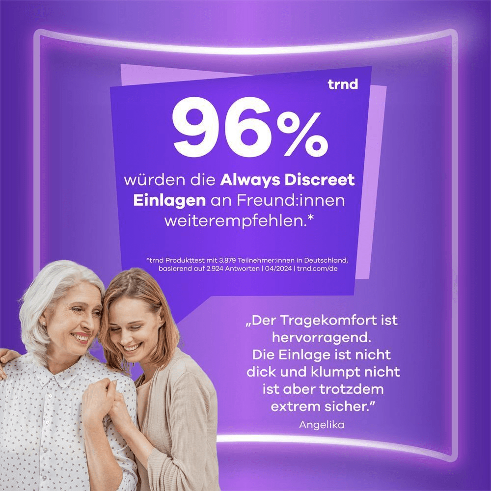 96% der Frauen würden Always Discreet Einlagen Freundinnen weiterempfehlen, laut einer Umfrage; zwei Frauen umarmen sich.