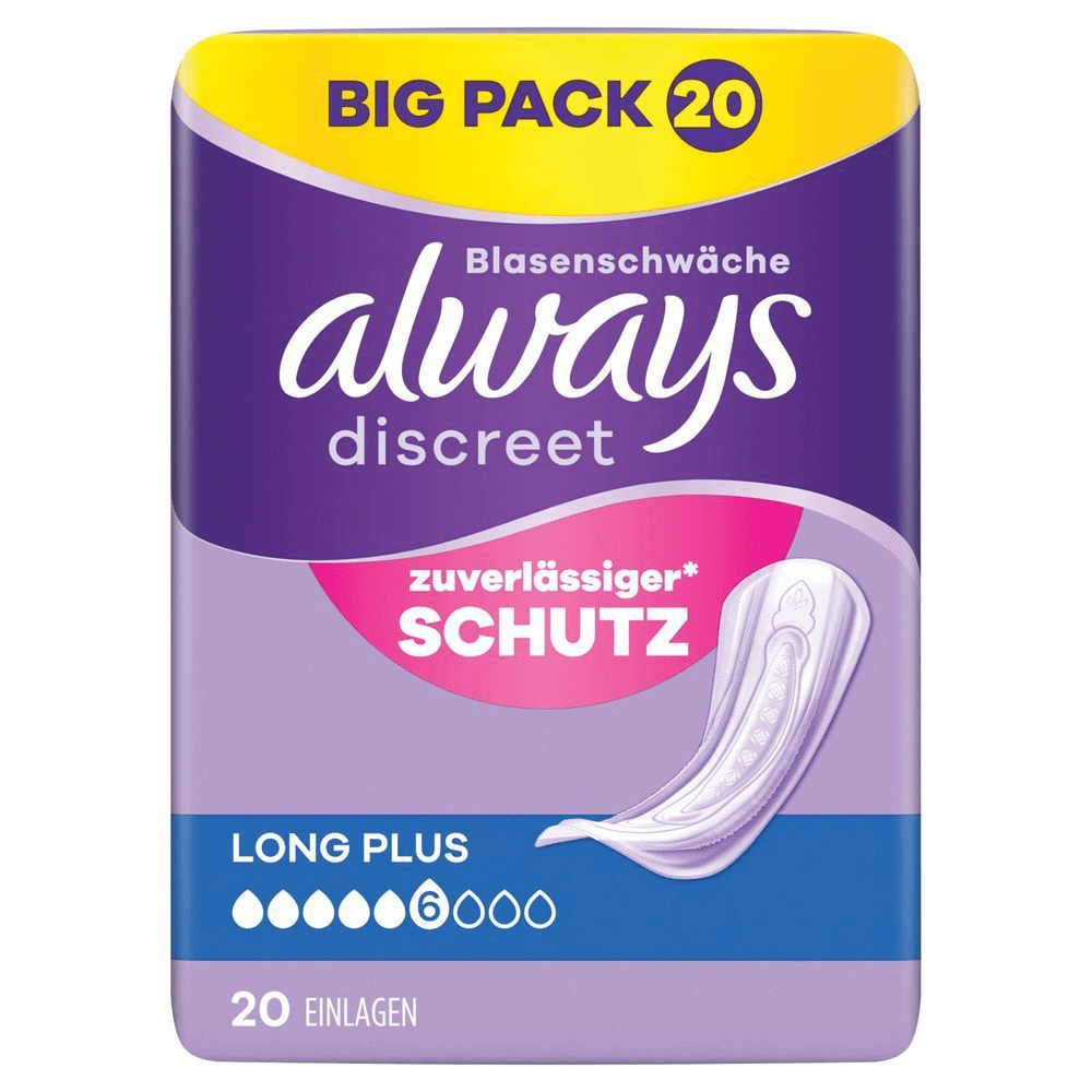 Always Discreet Blasenschwäche Long Plus Einlagen Großpackung 20, zeigt den beworbenen zuverlässigen Schutz. [EN] Always Discreet pads, size long plus, 6 drops, 10 count, without wings, sensitive bladder, complete protection. Plastic pack front p anel in purple, Always logo dark purple. Big pack highlighted at the top in purple caps on a yellow banner.