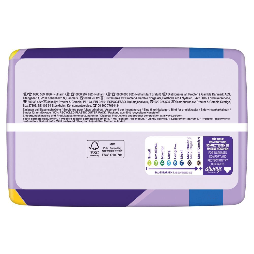 Always Discreet Einlagen Verpackung mit Saugstärken-Übersicht von Small bis Maxi Comfort und dem Hinweis auf 50% recycelten Kunststoff.