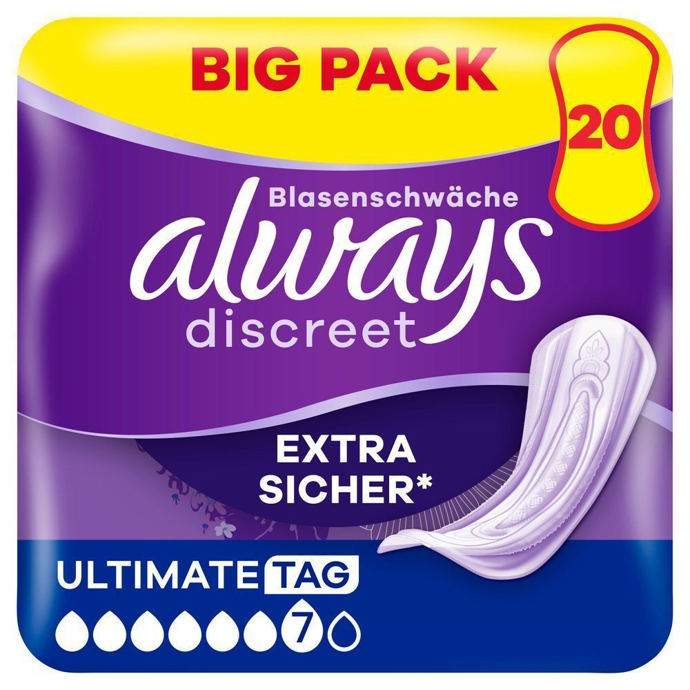 Always Discreet Maxi Einlagen, 20er Big Pack für Blasenschwäche, mit maxi Schutz. [EN] Always Discreet pads, size maxi, 7 drops, 20 count, without wings, sensitive bladder, maxi protection. Plastic pack front pane l in purple, Always logo dark purple. Big pack highlighted at the top in red caps on a yellow banner.