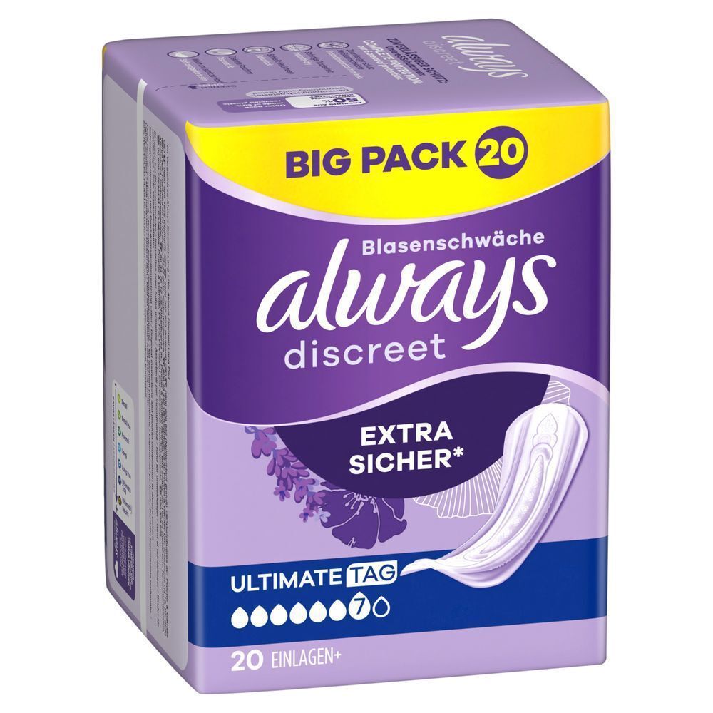Always Discreet Maxi Einlagen Verpackung, hervorhebend Saugstärke Maxi Comfort (Stufe 9) und die Empfehlung für Höschen.