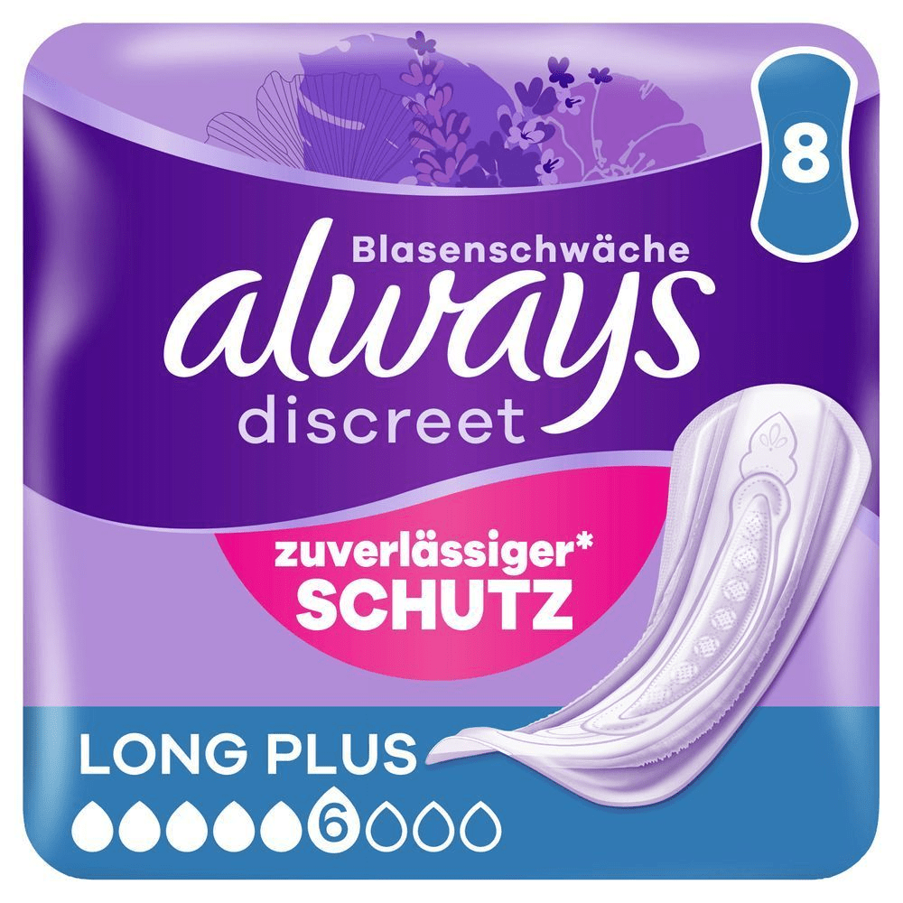 Always Discreet Blasenenschwäche Einlagen LONG PLUS, 8 Stück, mit Saugstärke 6 für zuverlässigen Schutz. [EN] Always Discreet pads, size long plus, 6 drops, 8 count, without wings, sensitive bladder, complete protection. Plastic pack front panel in purple, Always logo dark purple.