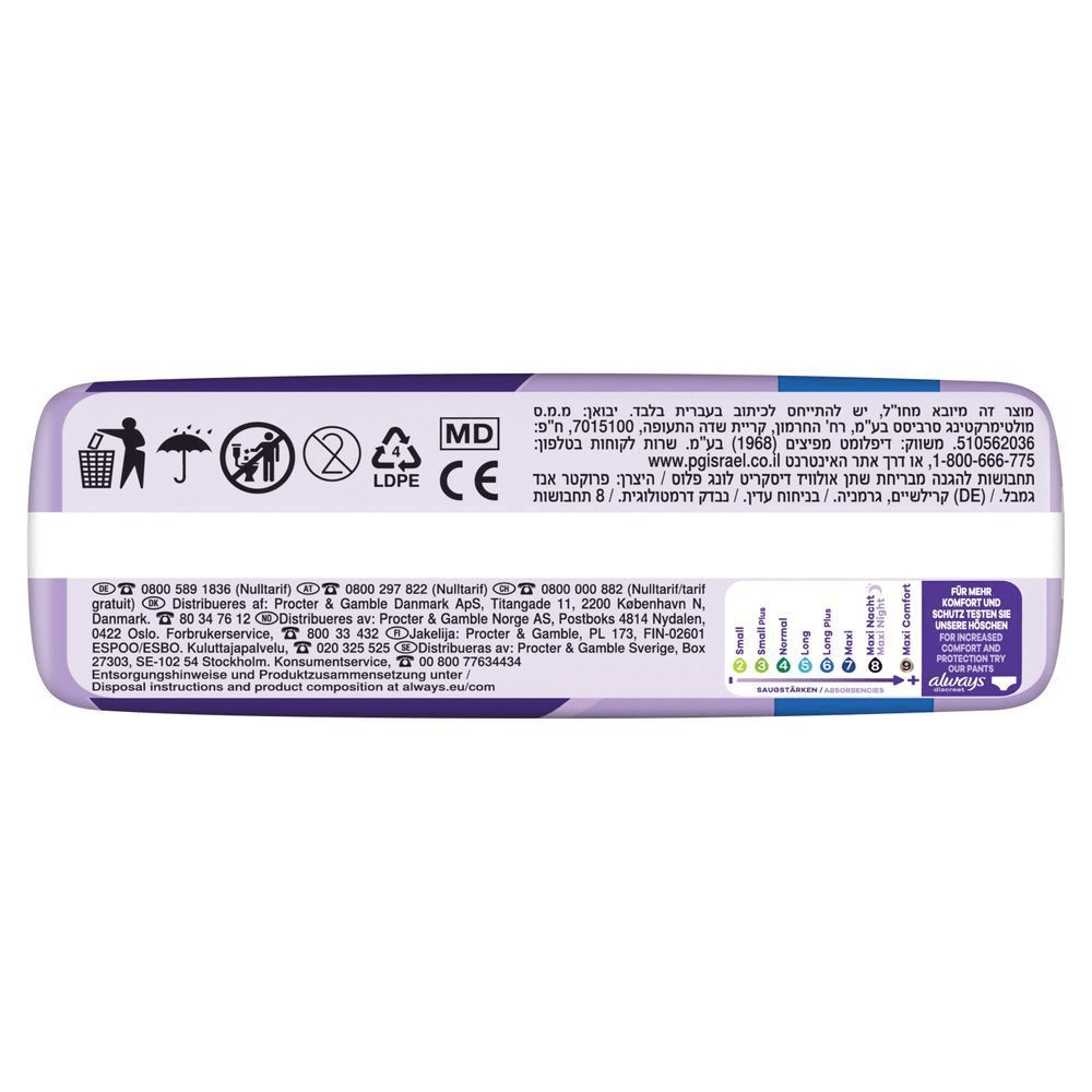 Always Discreet Maxi Comfort Verpackung, die die Saugstärkenskala von Small bis Maxi Comfort zeigt.
