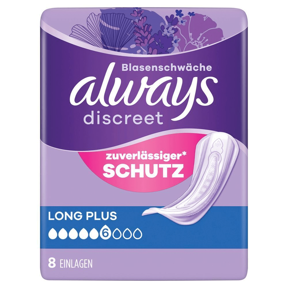 Always Discreet Long Plus Einlagen, 8 Stück Packung, betont zuverlässigen Schutz bei Blasenschwäche.