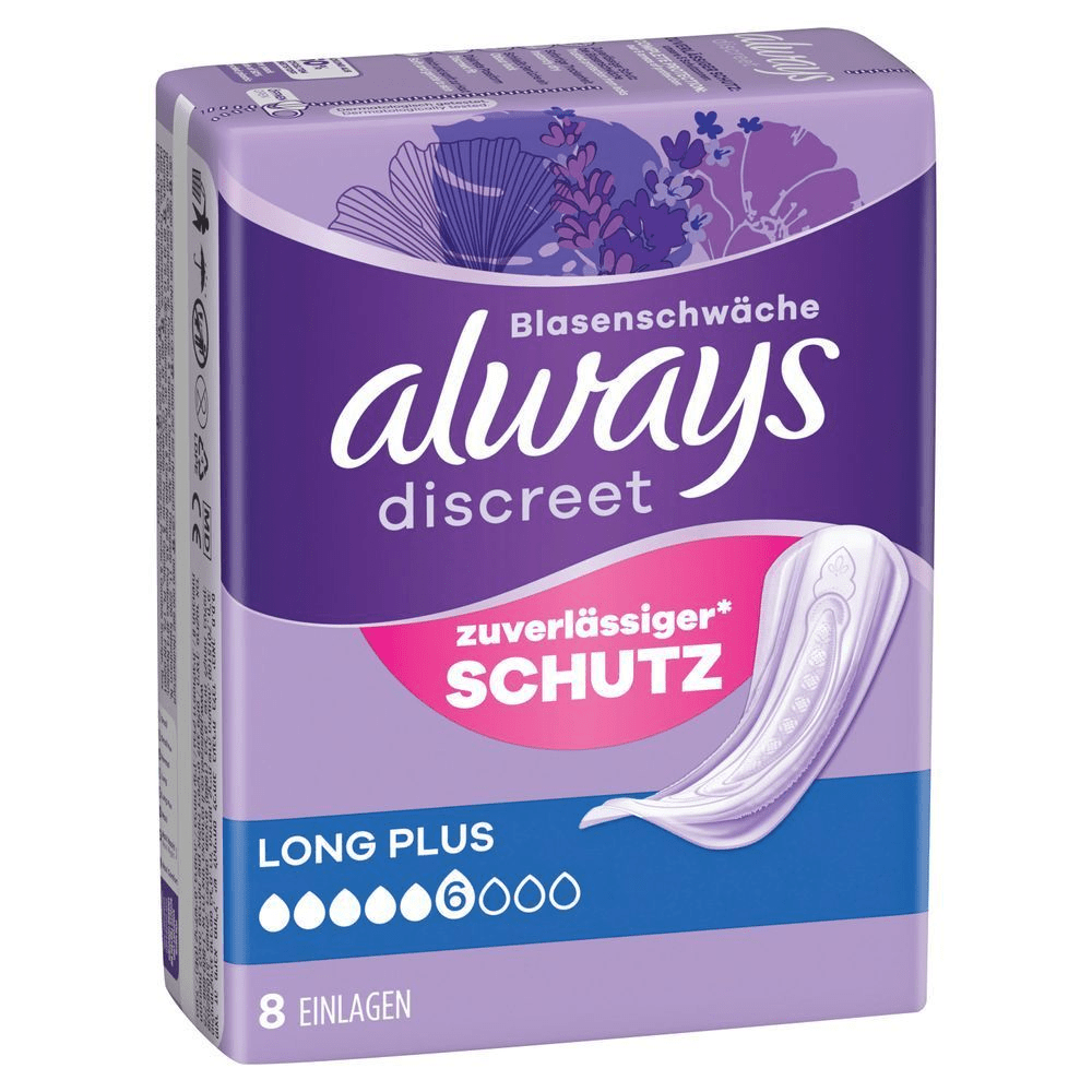 Always Discreet Blasenschwäche Einlagen LONG PLUS Verpackung, die zuverlässigen Schutz hervorhebt. [EN] Always Discreet pads, size long plus, 6 drops, 8 count, without wings, sensitive bladder, complete protection. Plastic pack front pa nel in purple, Always logo dark purple