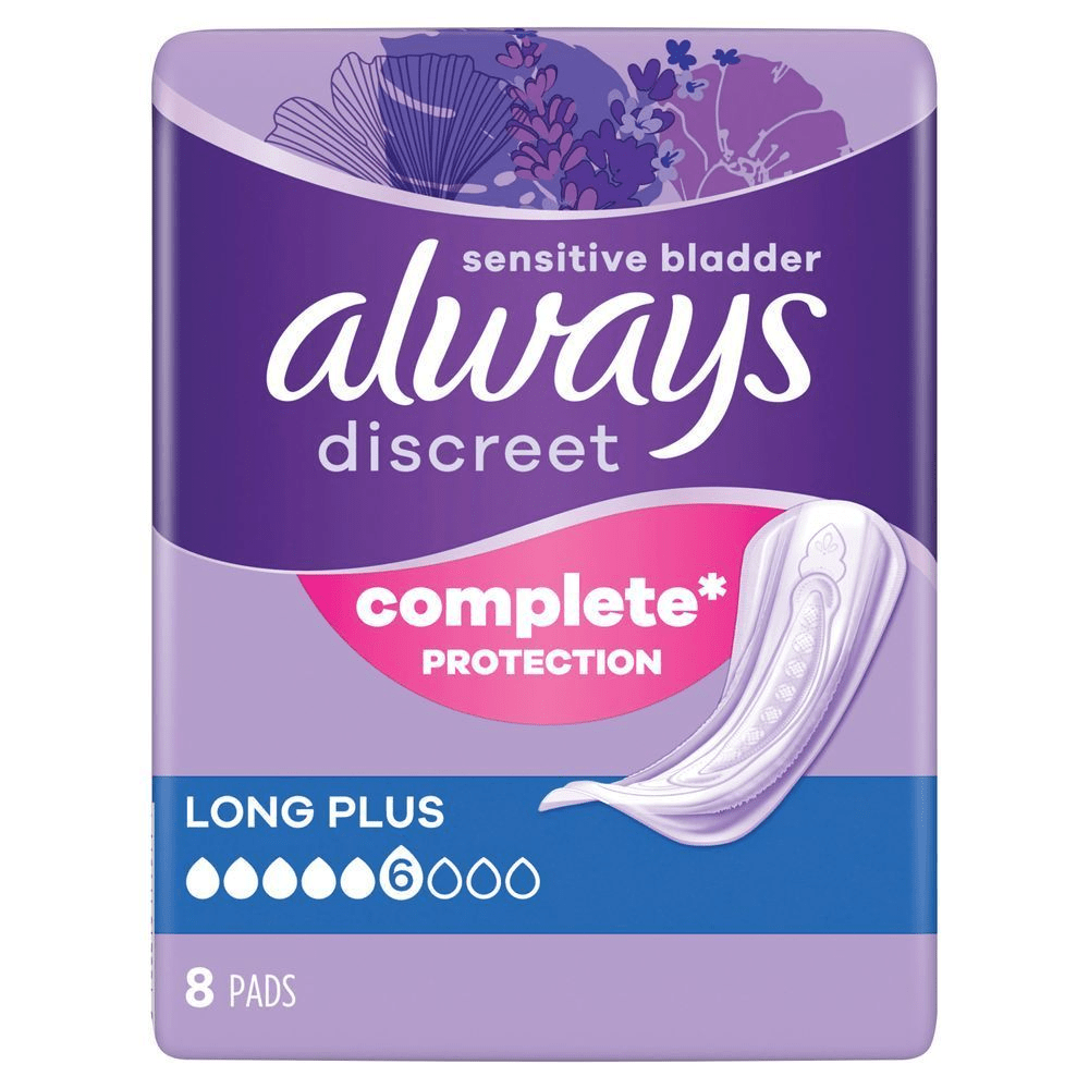 Always Discreet Einlagen bei Blasenschwäche, die zuverlässigen Schutz, Long Plus und 6 Tropfen Saugfähigkeit hervorhebt.