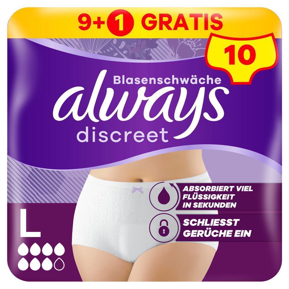 Always Discreet Höschen bei Blasenschwäche, Größe L, 9+1 Gratis = 10 Stück absorbiert viel Flüssigkeit in Sekunden, schließt  Gerüche ein