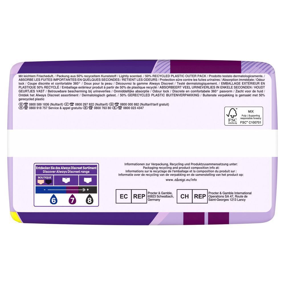 Always Discreet Verpackung, mit leichtem Frischeduft, Packung aus 50% recyeltem Plastik;