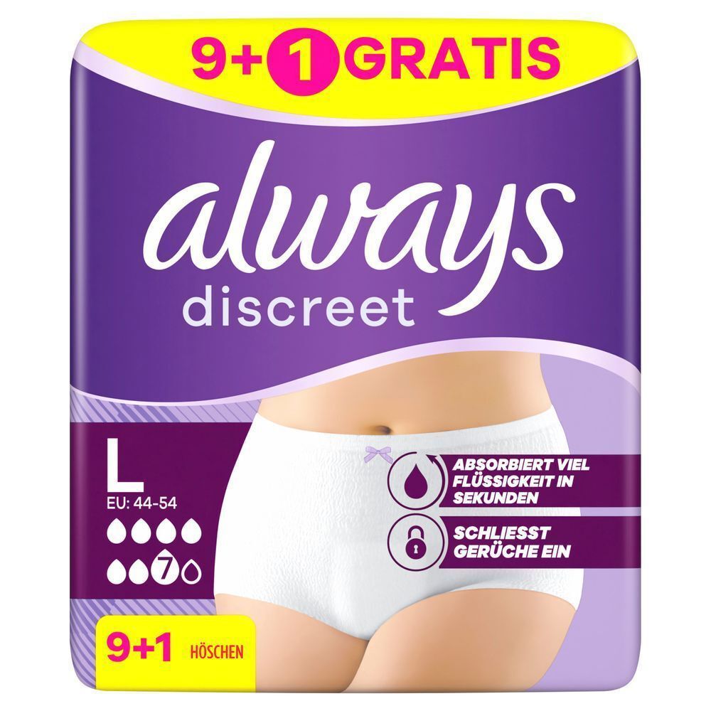Always Discreet Höschen L für Blasenschwäche, 7 Tropfen, (9+1 Gratis) 10 Stück, zuverlässiger Schutz;