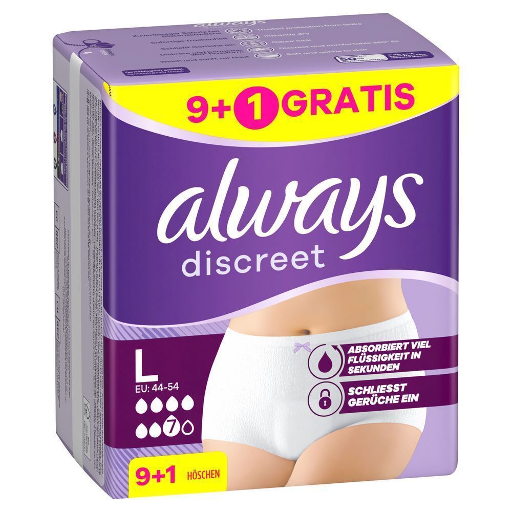 Always Discreet Höschen L für Blasenschwäche, 7 Tropfen, (9+1 Gratis) 10 Stück, zuverlässiger Schutz;