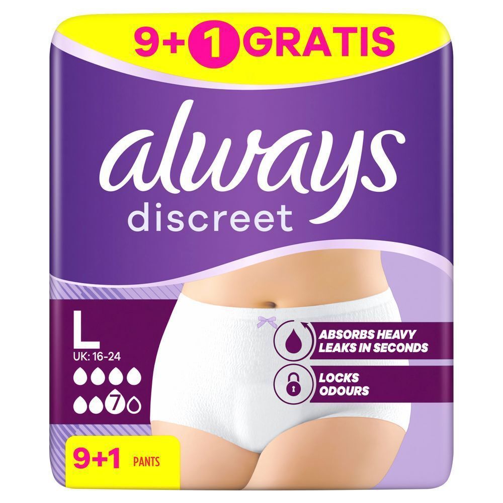 Always Discreet Höschen L für Blasenschwäche, 7 Tropfen, (9+1 Gratis) 10 Stück, zuverlässiger Schutz;
