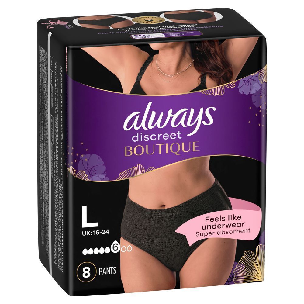 Always Discreet Boutique Höschen, Größe L, Fühlt sich an wie Unterwäsche, Super saugfähig [EN] Always Discreet Boutique packaging, highlighting "Feels like underwear, super absorbent" and contains 8 pants.;
