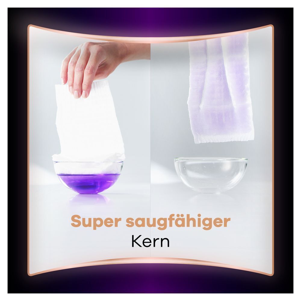 Always Binden-Saugfähigkeitstest: Flüssigkeit wird absorbiert, die zweite Schüssel bleibt leer, was den "Super saugfähigen Kern" demonstriert.