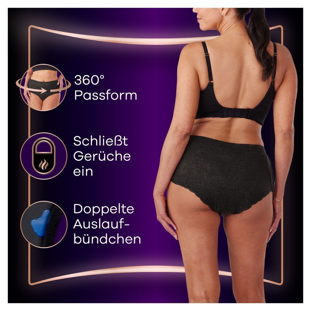 Always Höschen, demonstriert mit 360°-Passform, Geruchsverschluss und doppelten Auslaufbündchen für sicheren Schutz.