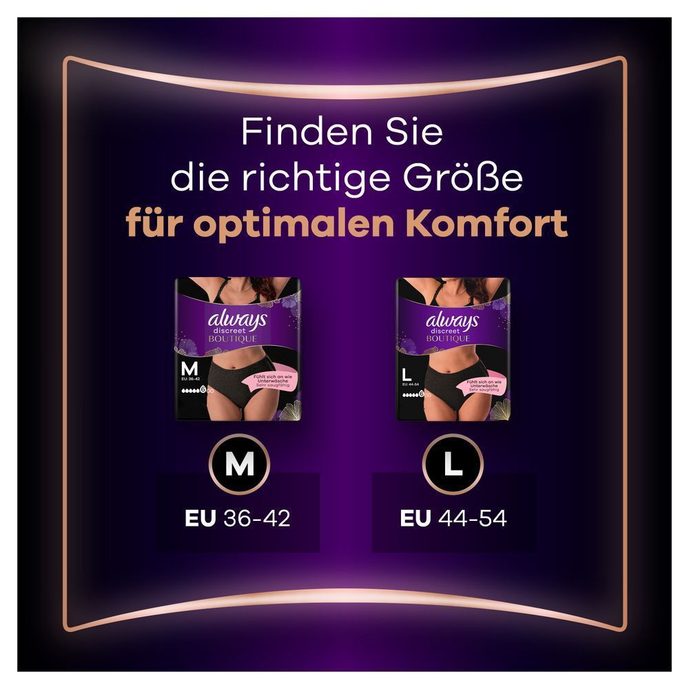 Always Discreet Boutique Größenfinder für optimalen Komfort, mit Größen M (EU 36-42) und L (EU 44-54) zur Auswahl.