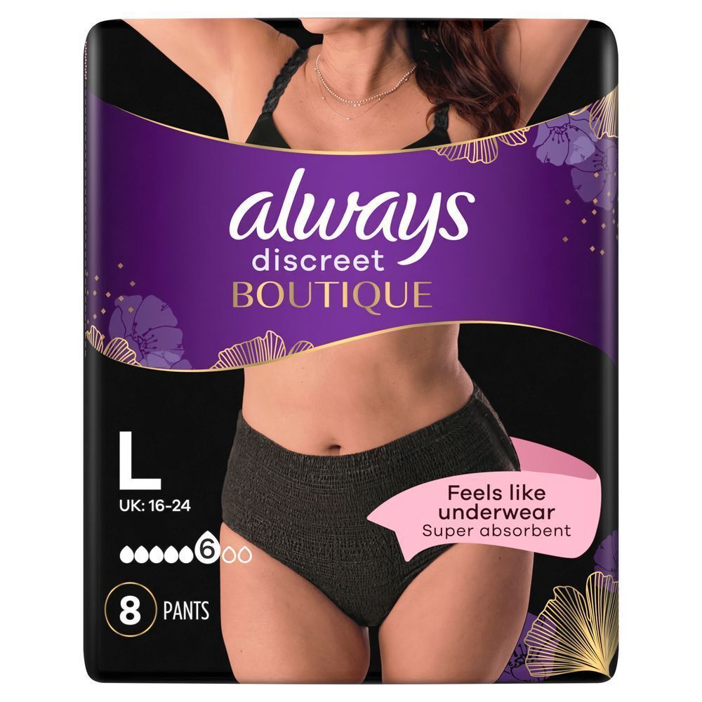 Always Discreet Boutique Höschen, Größe L, 8 Stück, Fühlt sich an wie Unterwäsche, Super saugfähig [EN] Always Discreet Boutique pants packaging, highlighting "Feels like underwear" and "Super absorbent" claims.;
