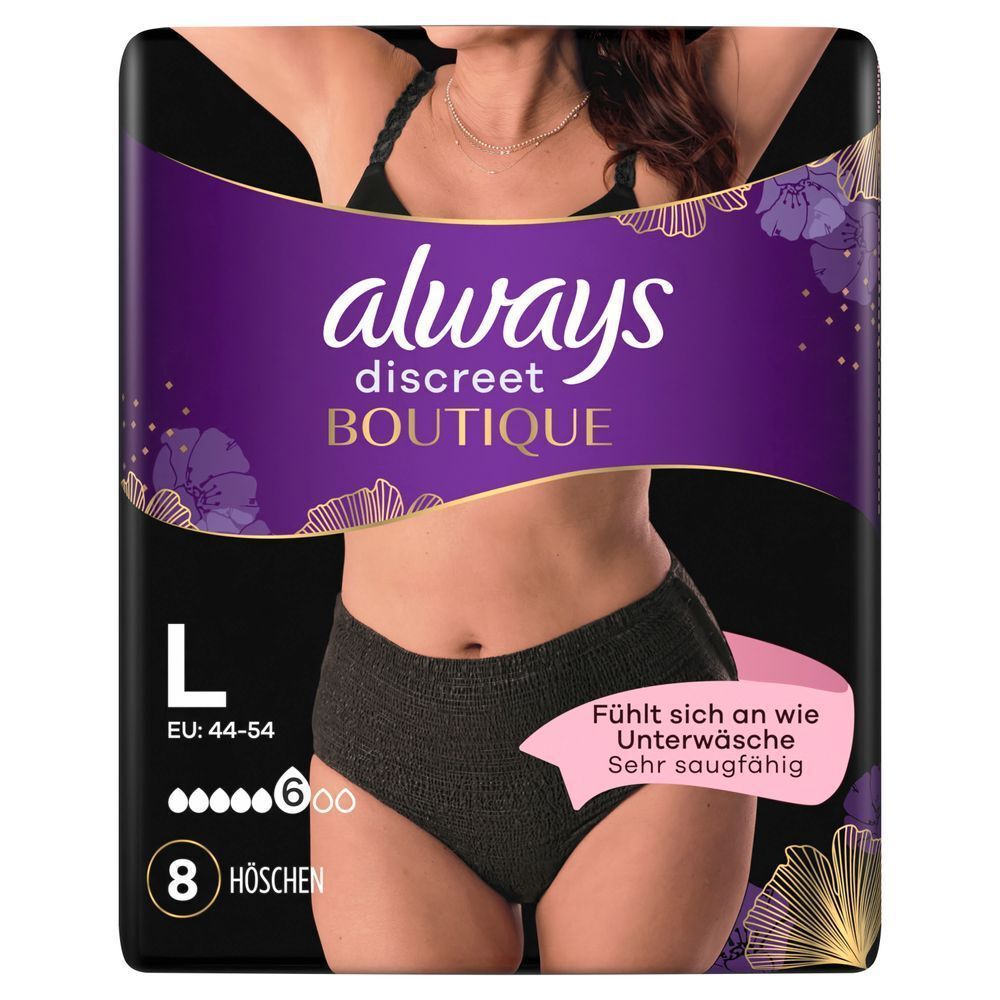 Always Discreet Boutique Höschen, Größe L, 8 Stück, Fühlt sich an wie Unterwäsche, Super saugfähig [EN] Always Discreet Boutique underwear packaging, highlighting that it feels like underwear and is very absorbent.;