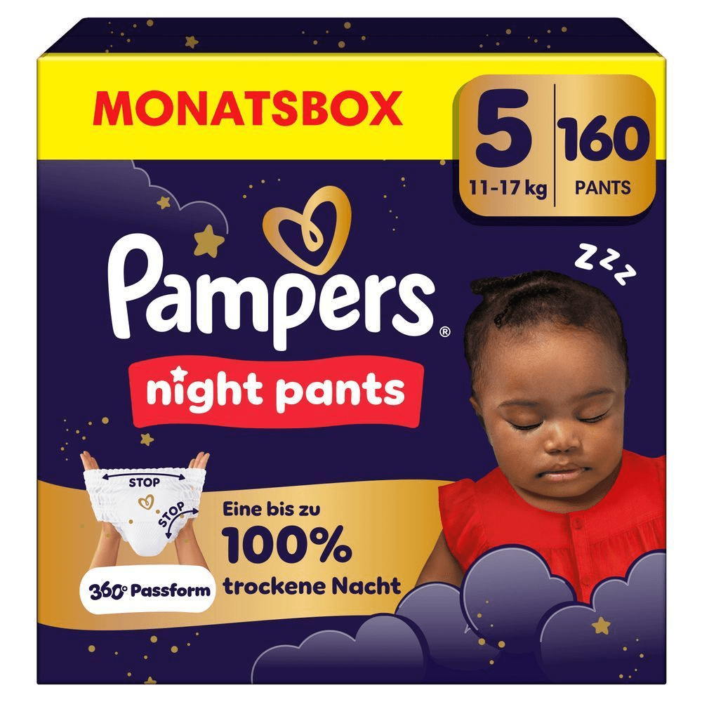 Pampers Night Pants Monatsbox Größe 5, 160 Stück, mit dem Versprechen einer bis zu 100% trockenen Nacht.