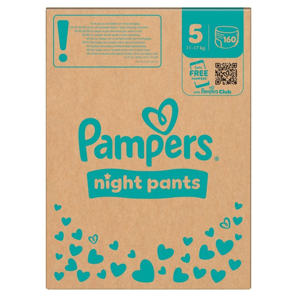 Pampers Night Pants Verpackung, Größe 5 (11-17kg), mit Hinweis auf 160 Windeln und die Möglichkeit, kostenlose Pampers mit Pampers Club zu erhalten.